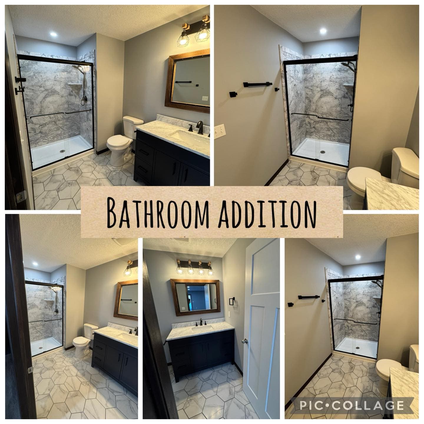Completed bathroom addition with hexagon tile floor and walk-in shower