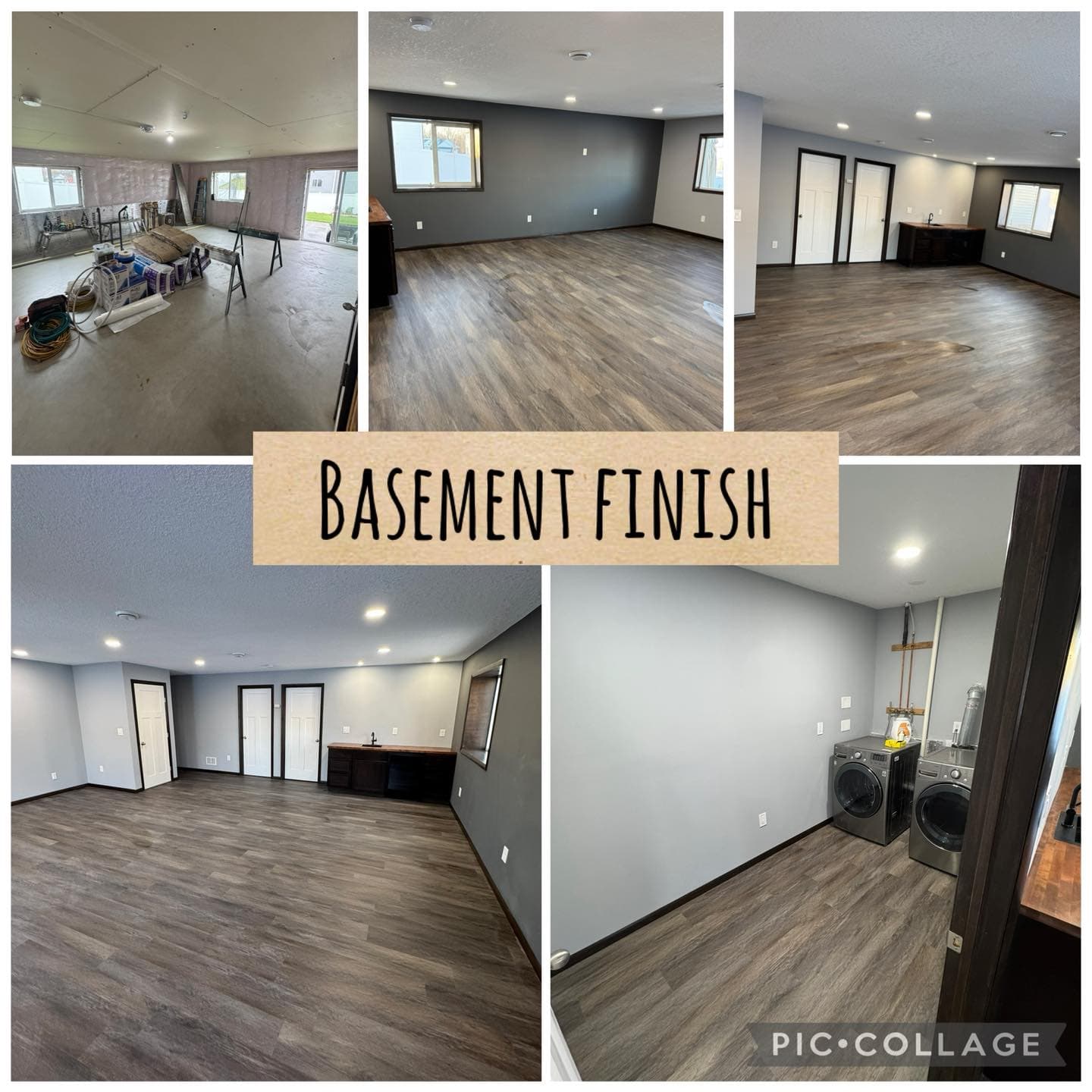 Finished basement interior remodel with flooring and trim
